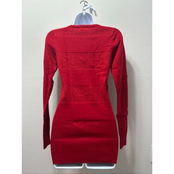 GUESS Red V Neck Long Sleeved Sweater Tunic Holiday Sparkle Stripes Size S - Picture 2 of 11